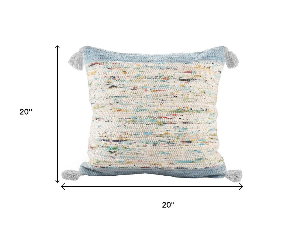 20" Light Blue And Cream Color Block Cotton Throw Pillow Cover