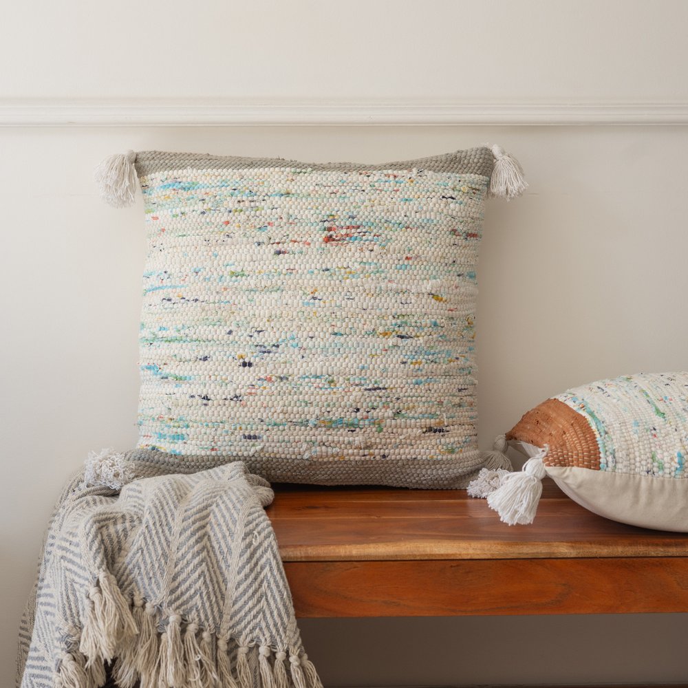 18" Gray White And Blue Color Block Cotton Throw Pillow Cover