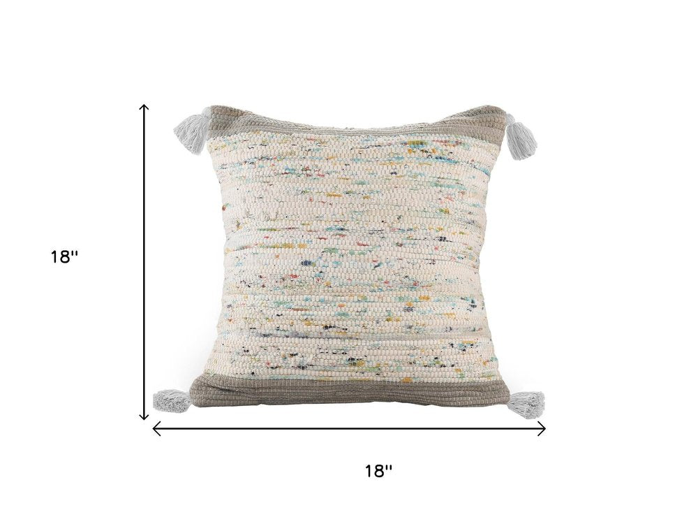 18" Gray White And Blue Color Block Cotton Throw Pillow Cover with Tassels