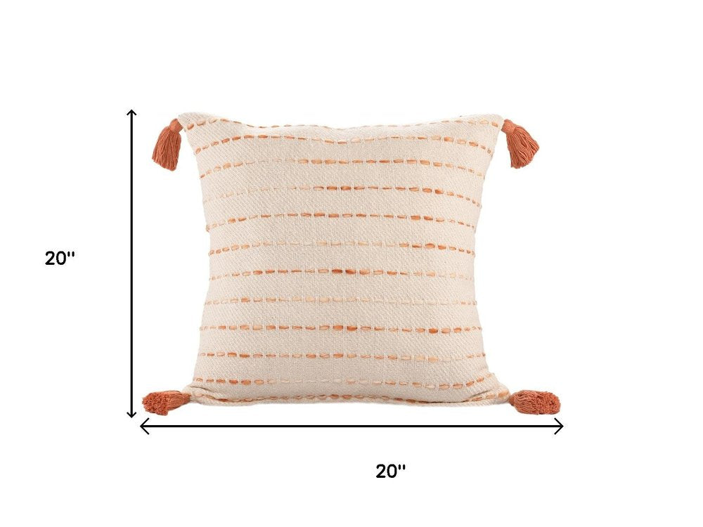 20" Ivory And Orange Striped Cotton Blend Throw Pillow Cover with Tassels