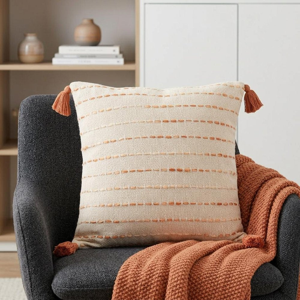 20" Ivory And Orange Striped Cotton Blend Throw Pillow Cover with Tassels