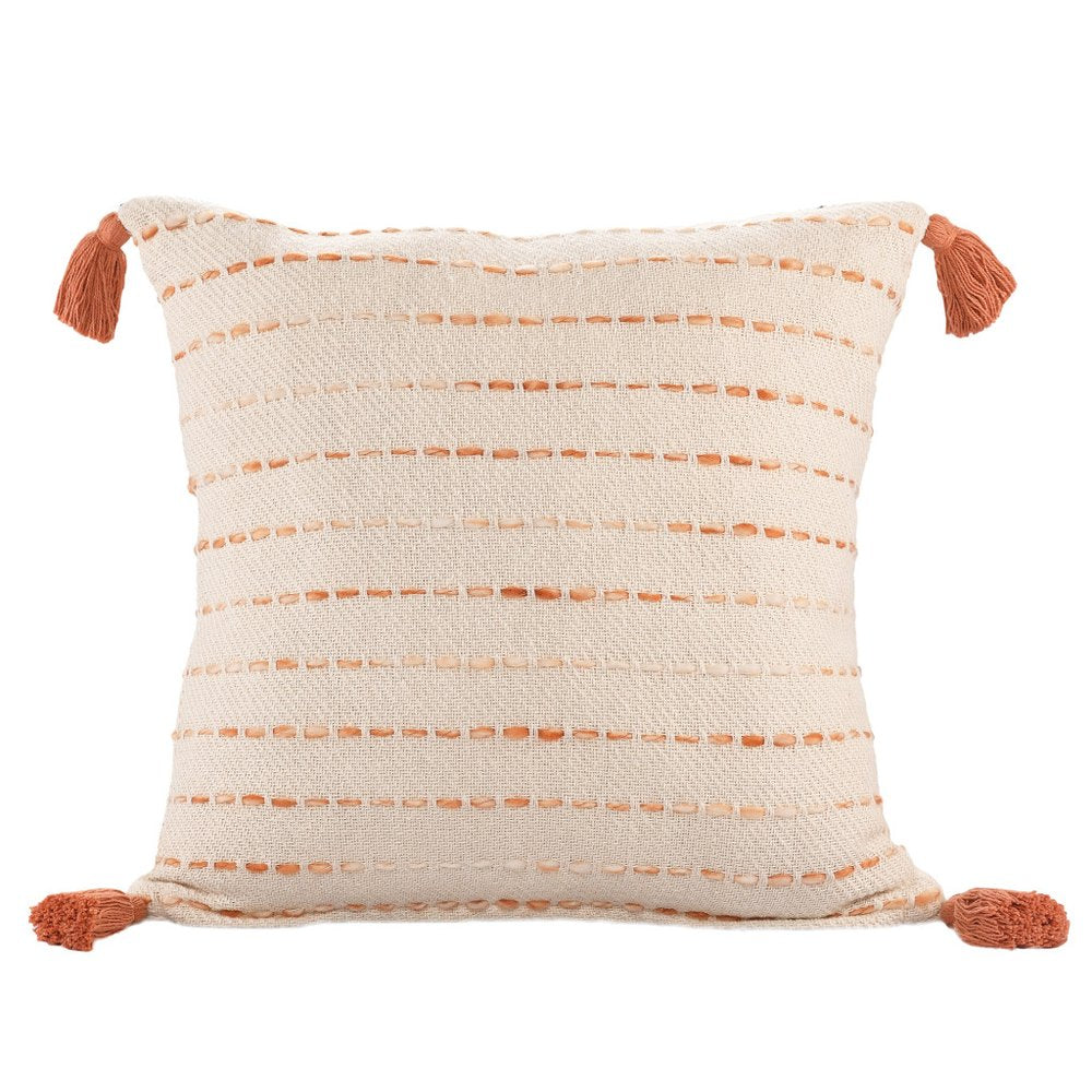 20" Ivory And Orange Striped Cotton Blend Throw Pillow Cover with Tassels