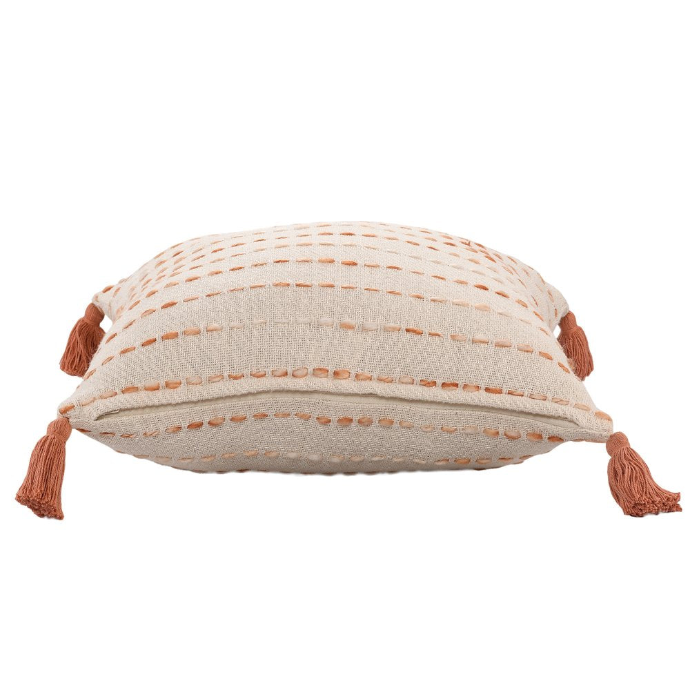 20" Ivory And Orange Striped Cotton Blend Throw Pillow Cover with Tassels