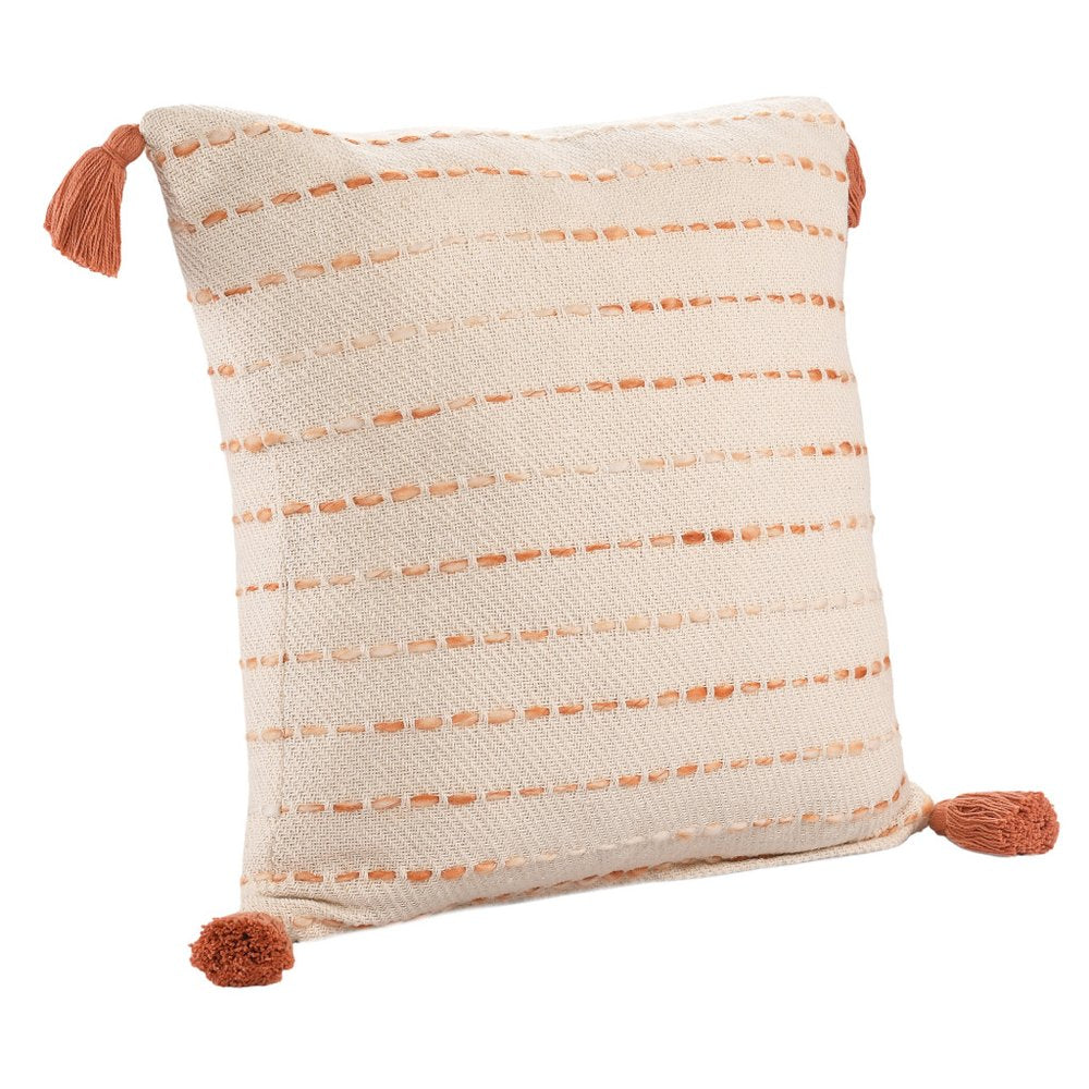 20" Ivory And Orange Striped Cotton Blend Throw Pillow Cover with Tassels