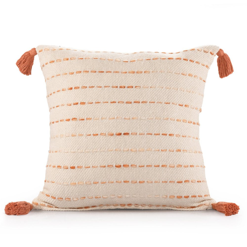20" Ivory And Orange Striped Cotton Blend Throw Pillow Cover with Tassels