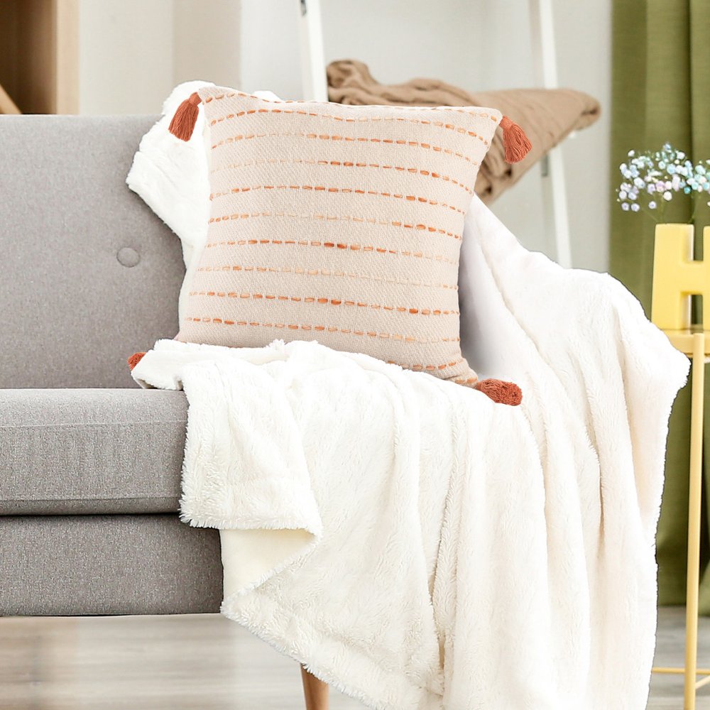 20" Beige And Orange Striped Cotton Blend Throw Pillow Cover