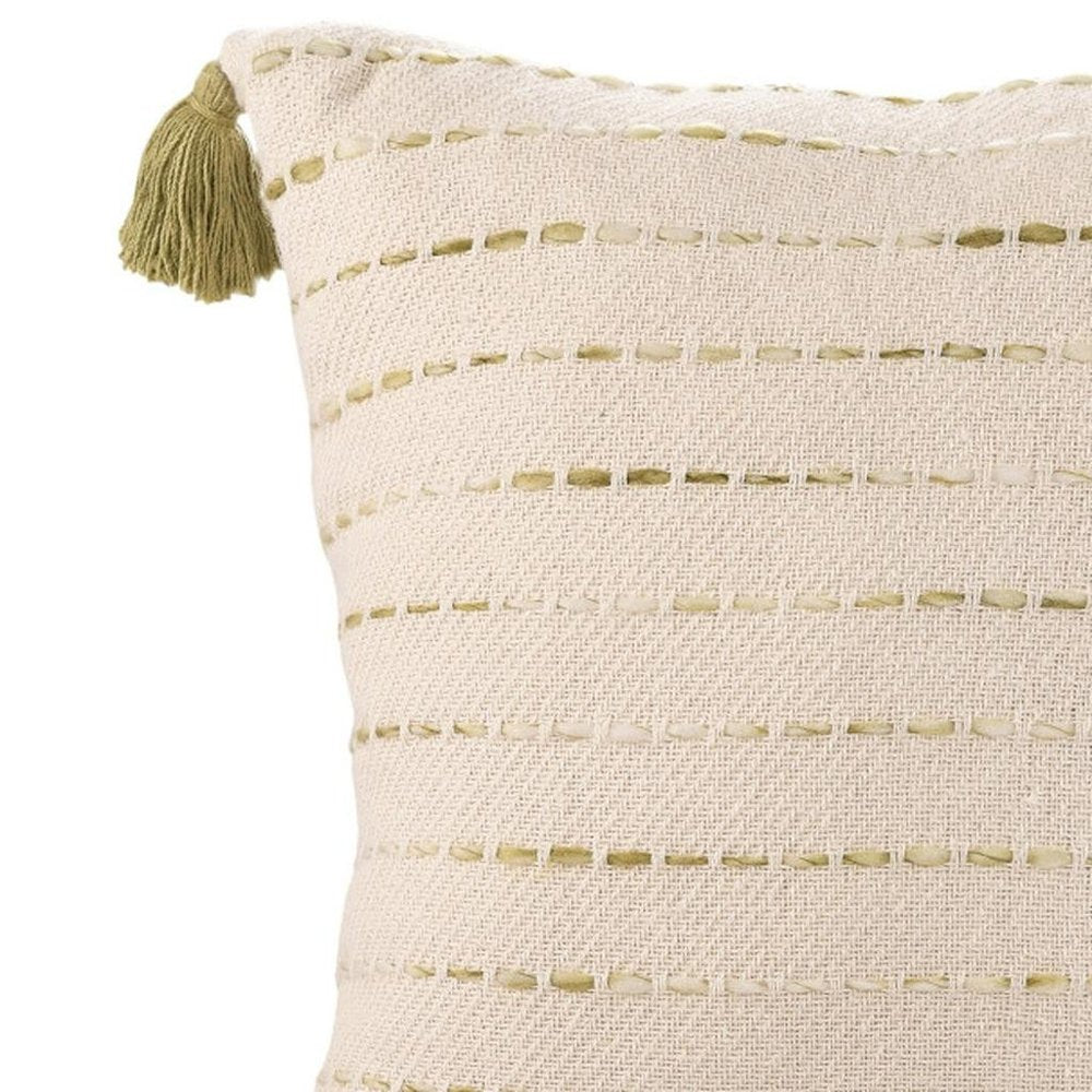 20" Green And Ivory Striped Cotton Blend Throw Pillow Cover with Tassels