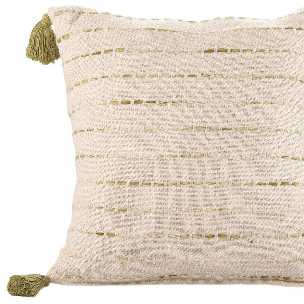 20" Green And Ivory Striped Cotton Blend Throw Pillow Cover with Tassels