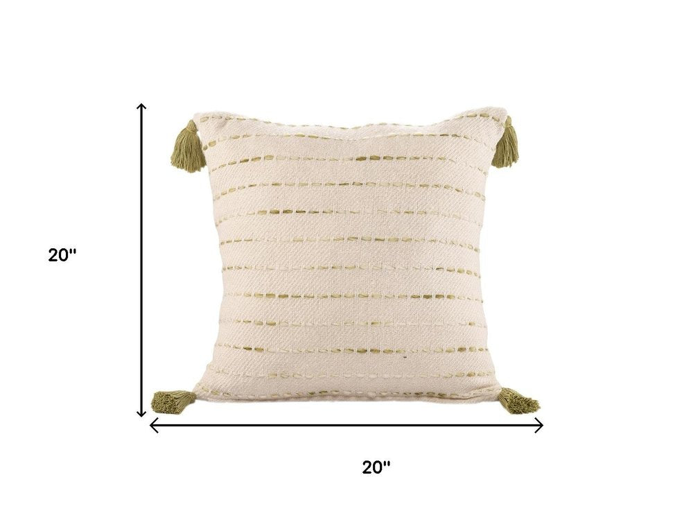 20" Green And Ivory Striped Cotton Blend Throw Pillow Cover with Tassels