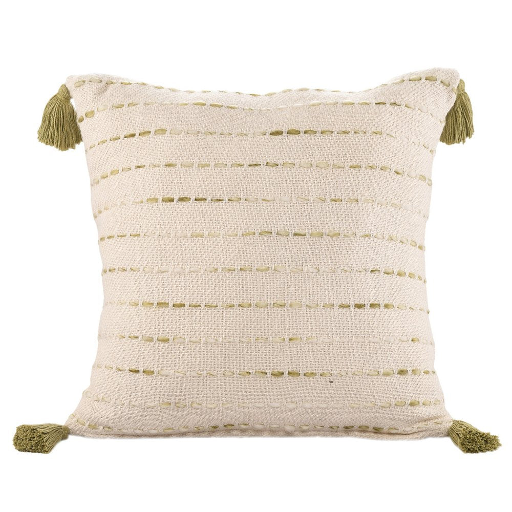 20" Green And Ivory Striped Cotton Blend Throw Pillow Cover with Tassels