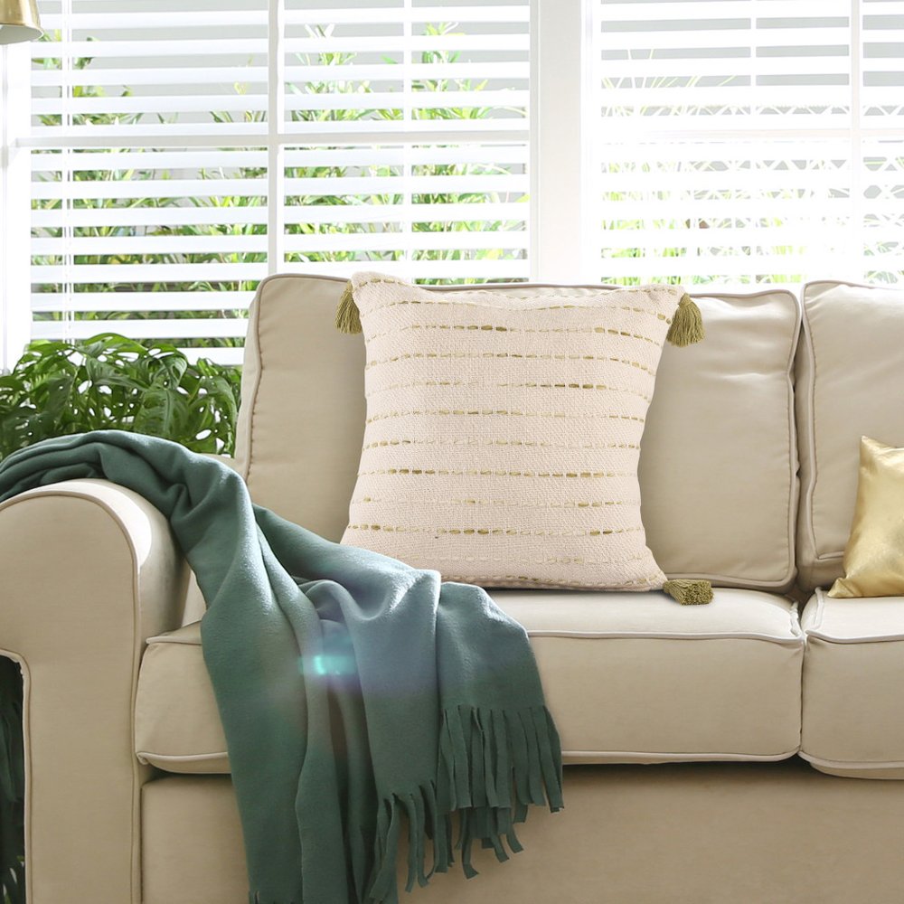 20" Beige And Green Striped Cotton Blend Throw Pillow Cover