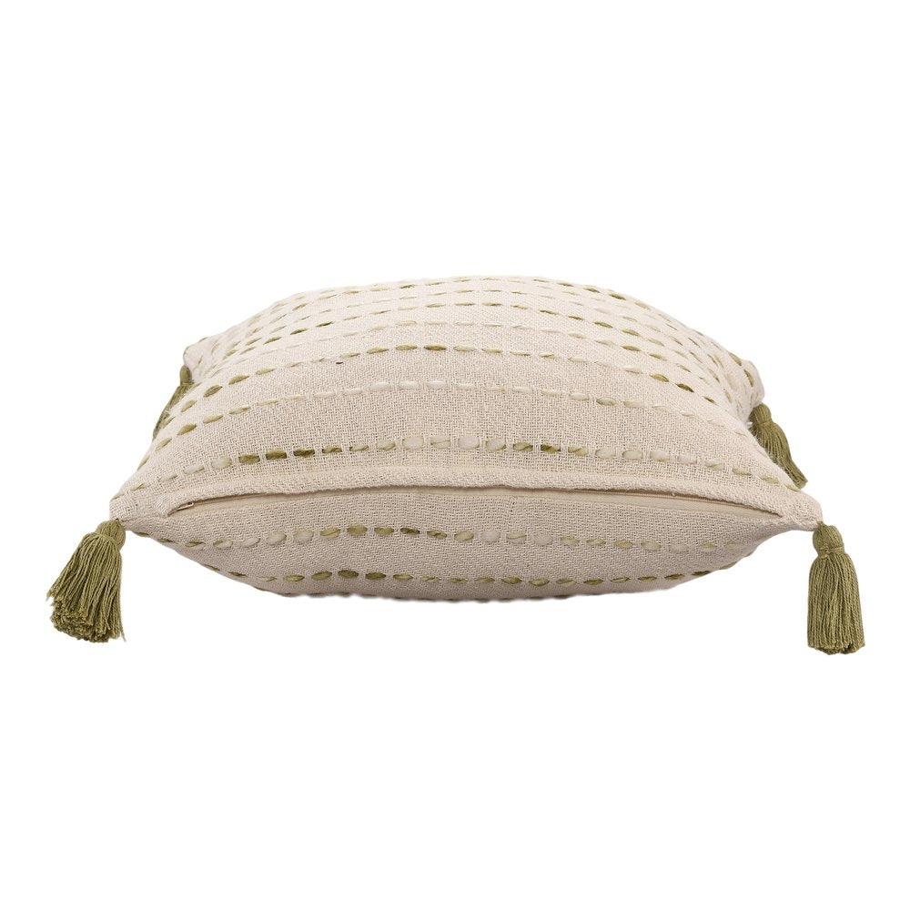 20" Green And Ivory Striped Cotton Blend Throw Pillow Cover with Tassels