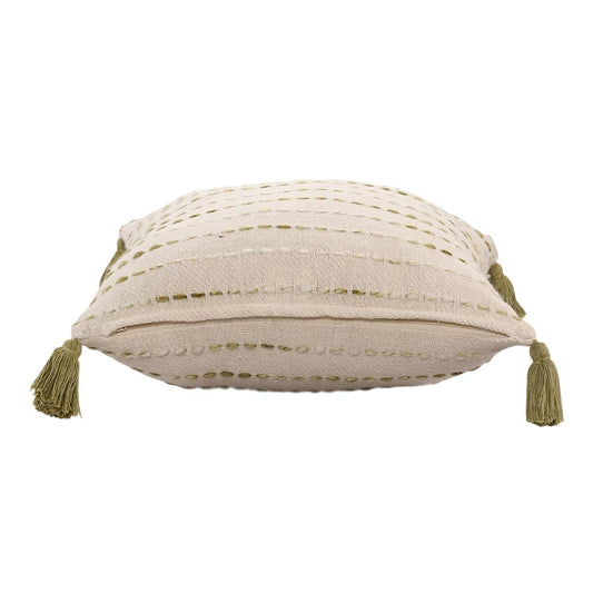 20" Beige And Green Striped Cotton Blend Throw Pillow Cover