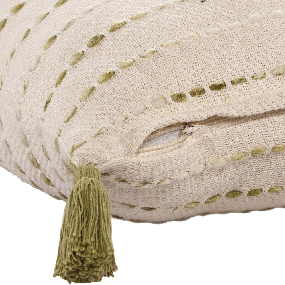 20" Green And Ivory Striped Cotton Blend Throw Pillow Cover with Tassels
