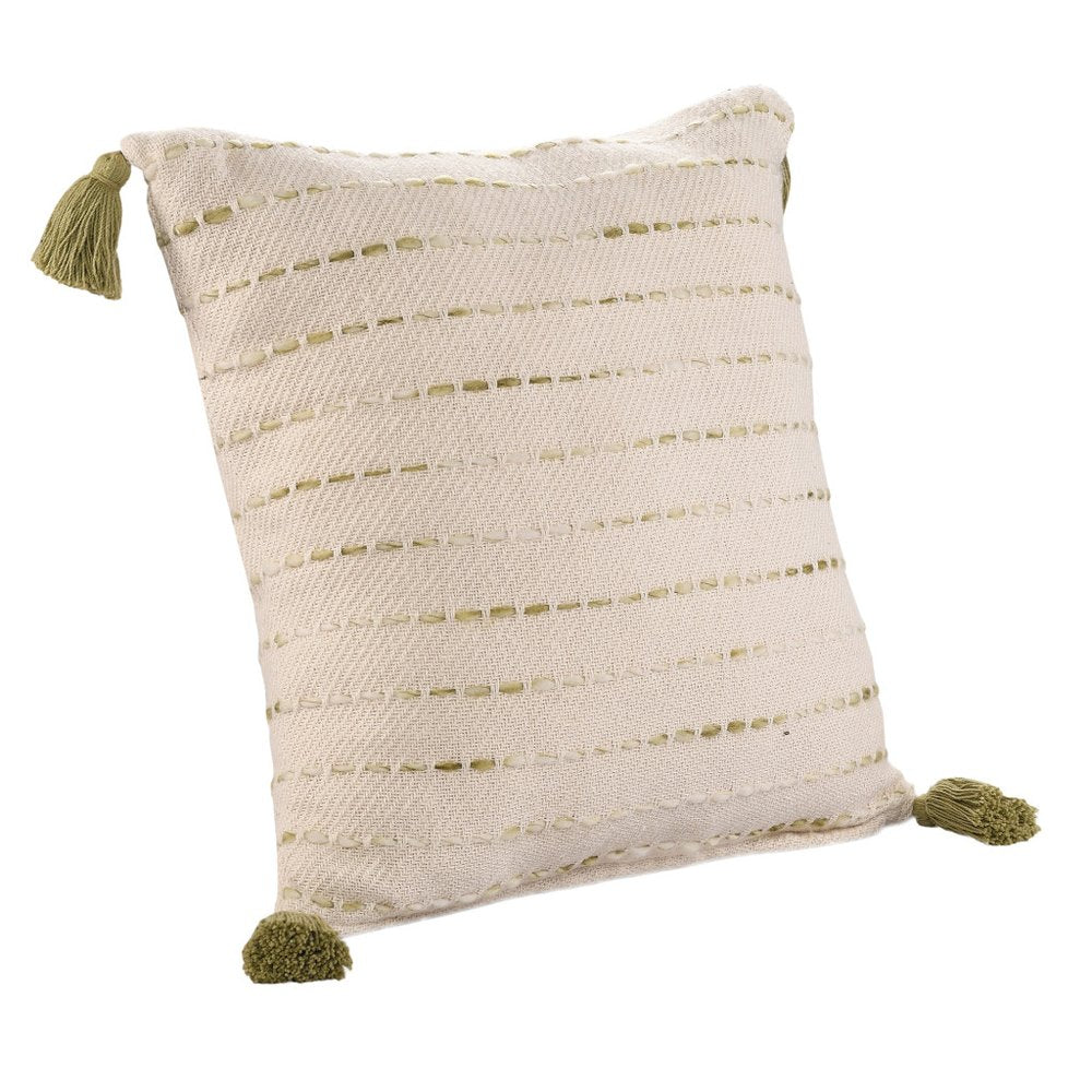 20" Green And Ivory Striped Cotton Blend Throw Pillow Cover with Tassels