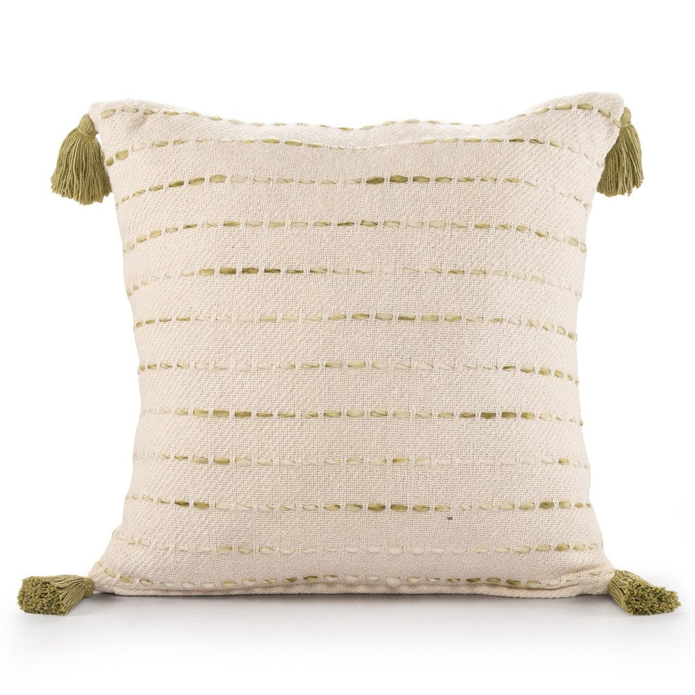 20" Green And Ivory Striped Cotton Blend Throw Pillow Cover with Tassels