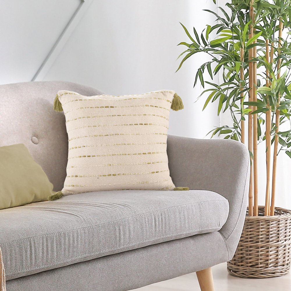 20" Beige And Green Striped Cotton Blend Throw Pillow Cover