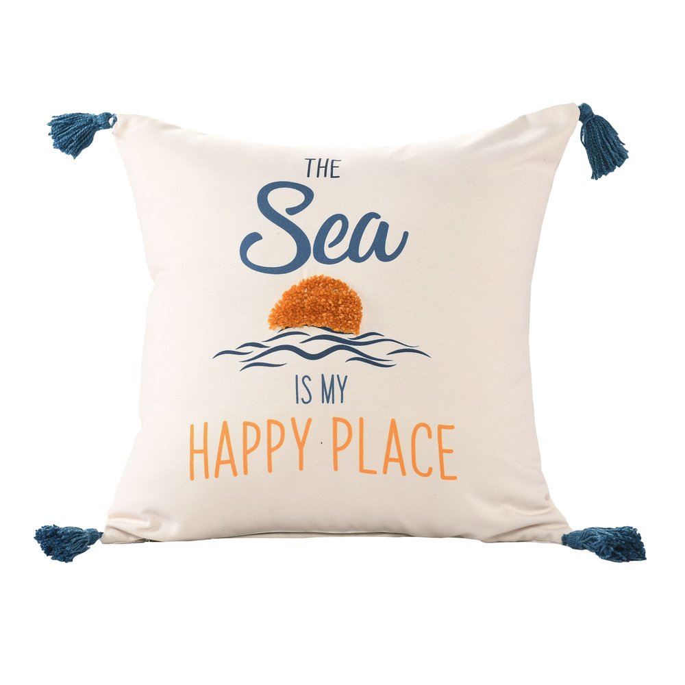 18" Navy Blue Off White And Yellow The Sea is My Happy Place Beach Nautical Throw Pillow Cover