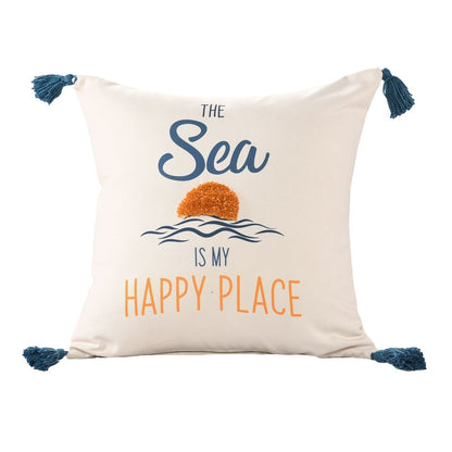 18" Navy Blue Off White And Yellow The Sea is My Happy Place Beach Nautical Throw Pillow Cover