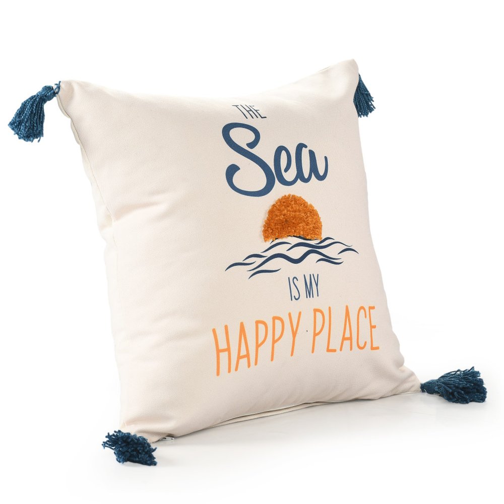 18" Navy Blue Off White And Yellow The Sea is My Happy Place Beach Nautical Throw Pillow Cover