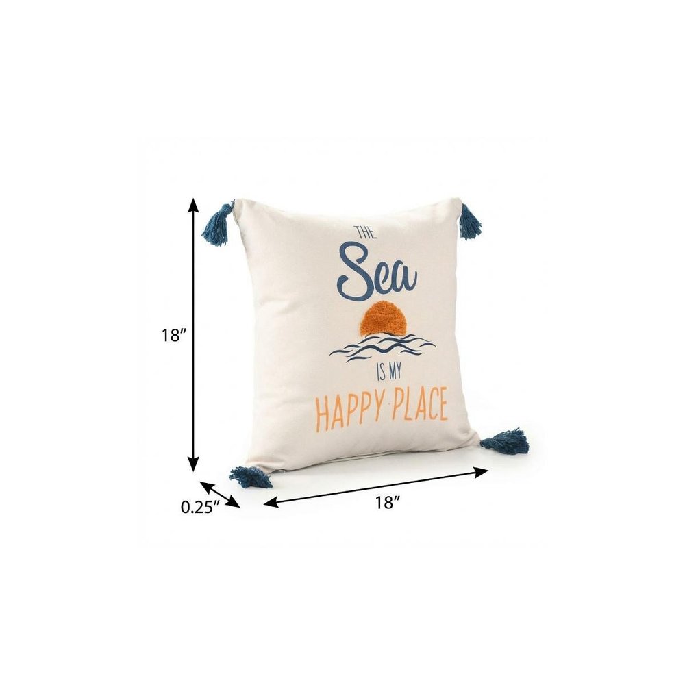 18" Navy Blue Off White And Yellow The Sea is My Happy Place Beach Nautical Throw Pillow Cover