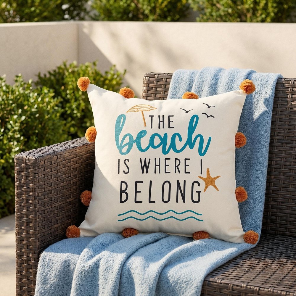 20" Beige And Orange The Beach Is Where I Belong Beach Throw Pillow Cover