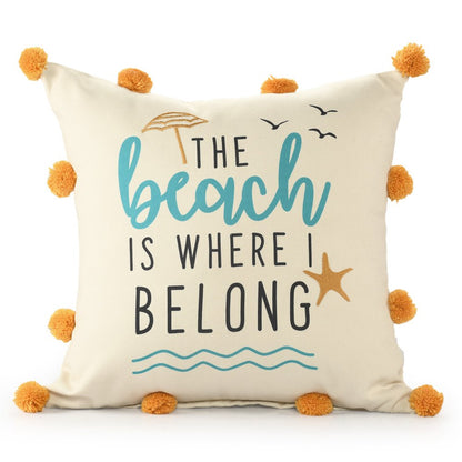 20" Beige And Orange Beach Text Throw Pillow Cover