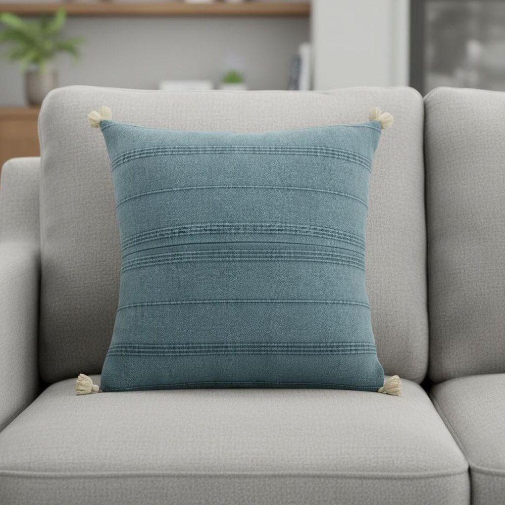 18" Gray And Blue Cotton Throw Pillow Cover