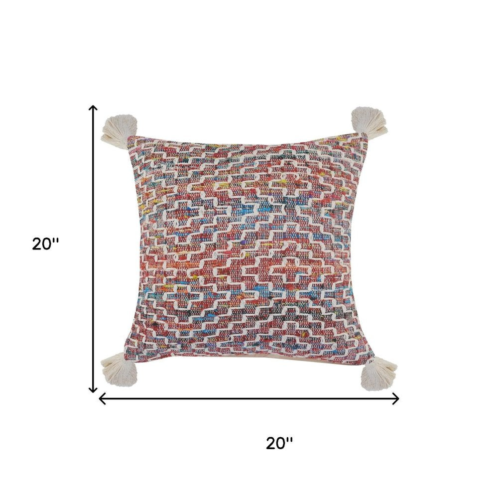 20" Red Blue And Natural Geometric Polyester Blend Throw Pillow Cover with Tassels