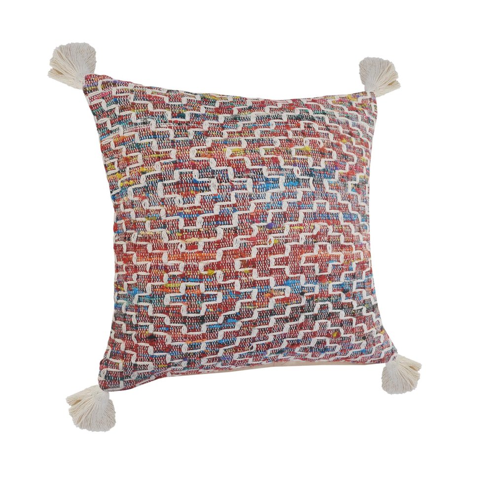 20" Red Blue And Natural Geometric Polyester Blend Throw Pillow Cover with Tassels