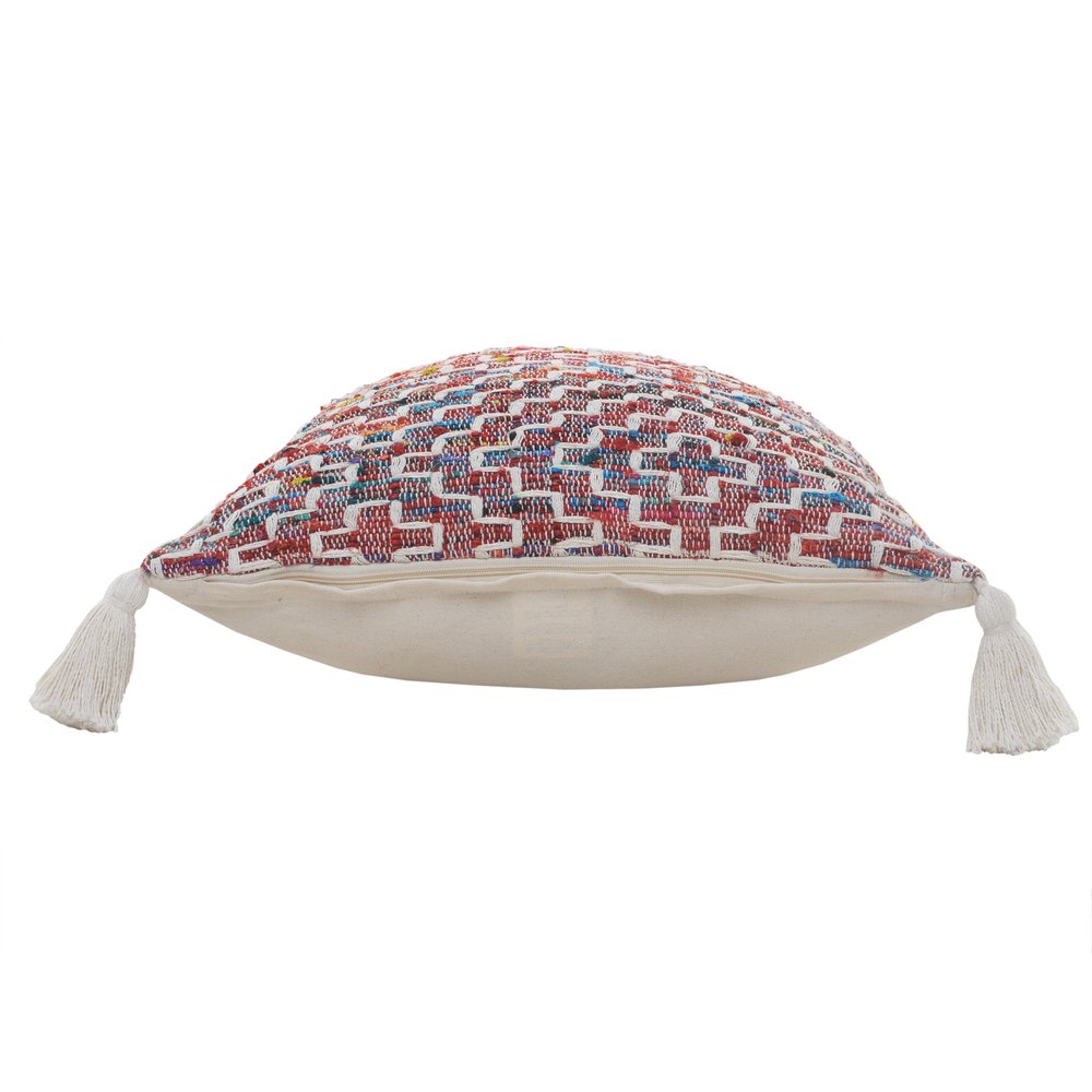 20" Red Blue And Natural Geometric Polyester Blend Throw Pillow Cover with Tassels