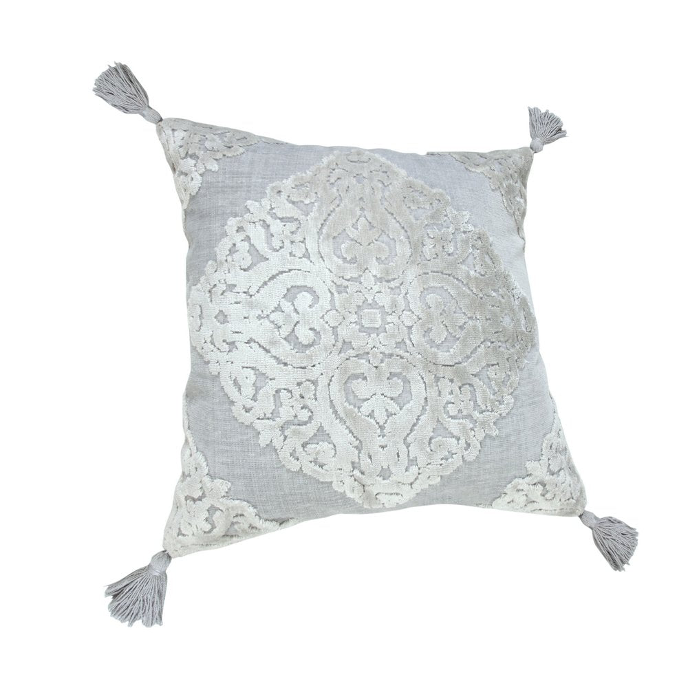 18" Silver And Gray Medallion Viscose Throw Pillow Cover with Tassels