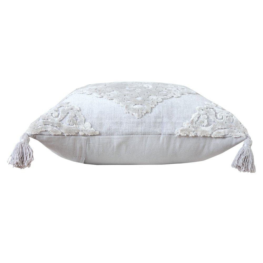 18" Silver And Gray Medallion Viscose Throw Pillow Cover with Tassels