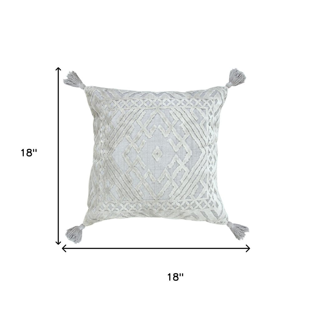 18" Gray And Silver Geometric Viscose Throw Pillow Cover with Tassels