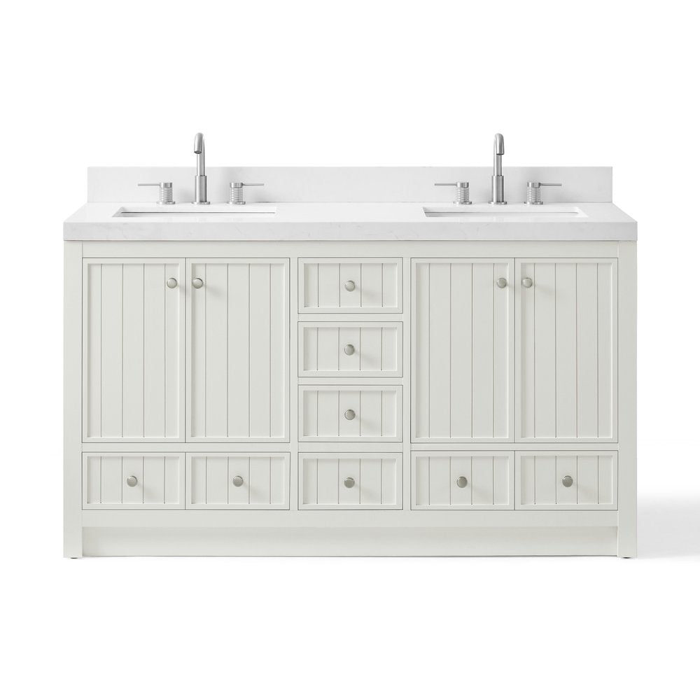 60" White Wood Double Bathroom Vanity With White And Gray Quartz Countertop