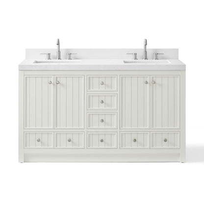 60" White Wood Double Bathroom Vanity With White And Gray Quartz Countertop