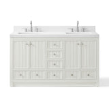 60" White Wood Double Bathroom Vanity With White And Gray Quartz Countertop