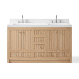 60" Natural Wood Double Bathroom Vanity With White And Gray Quartz Countertop