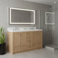 60" Natural Wood Double Bathroom Vanity With White And Gray Quartz Countertop