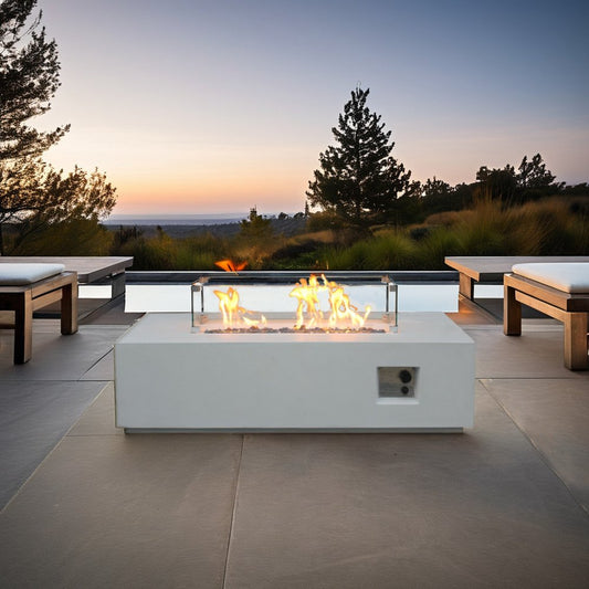 65000 BTU 52" White Concrete Propane Rectangular Fire Pit With Cover