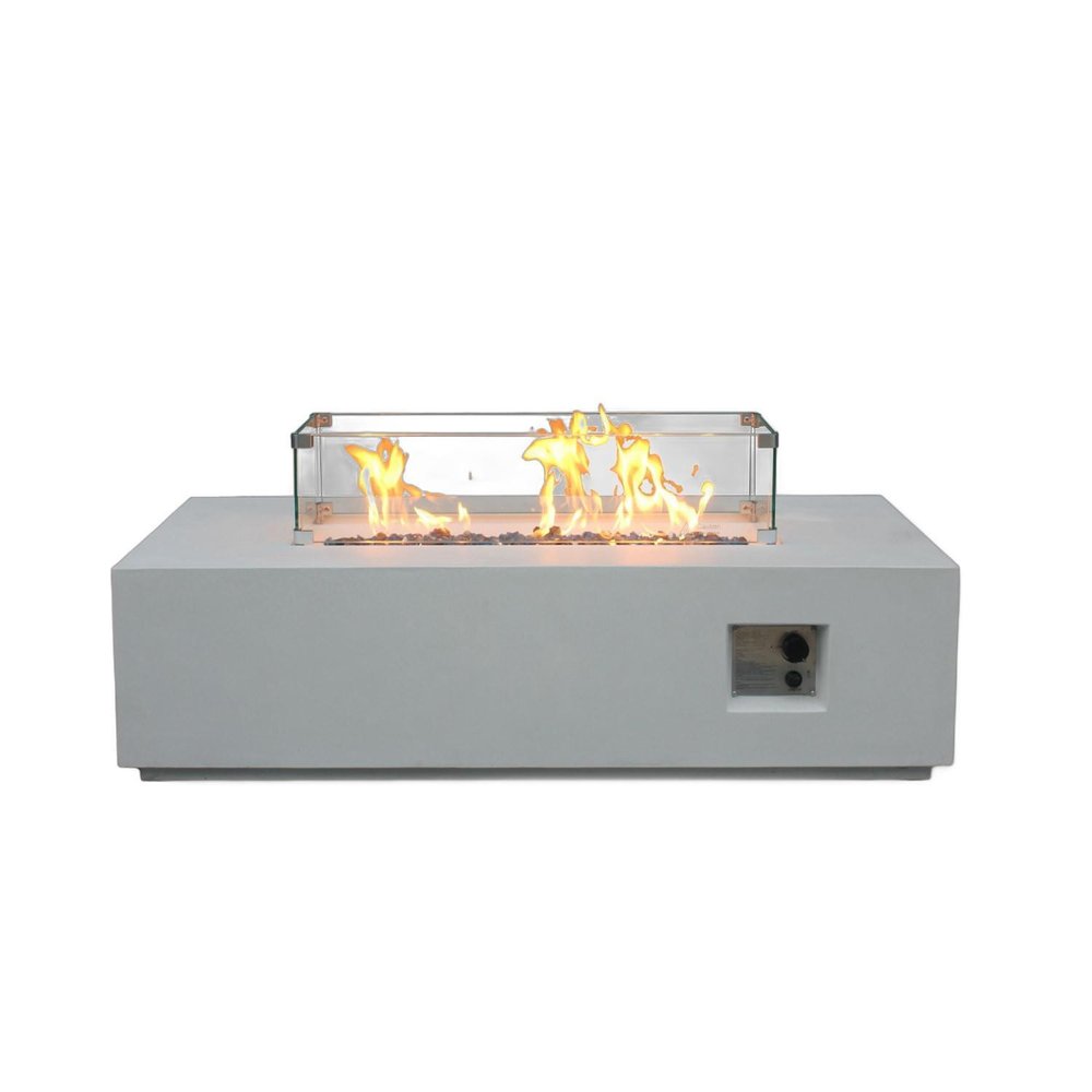 65000 BTU 52" Antiqued White Concrete Propane Rectangular Fire Pit Table With Cover