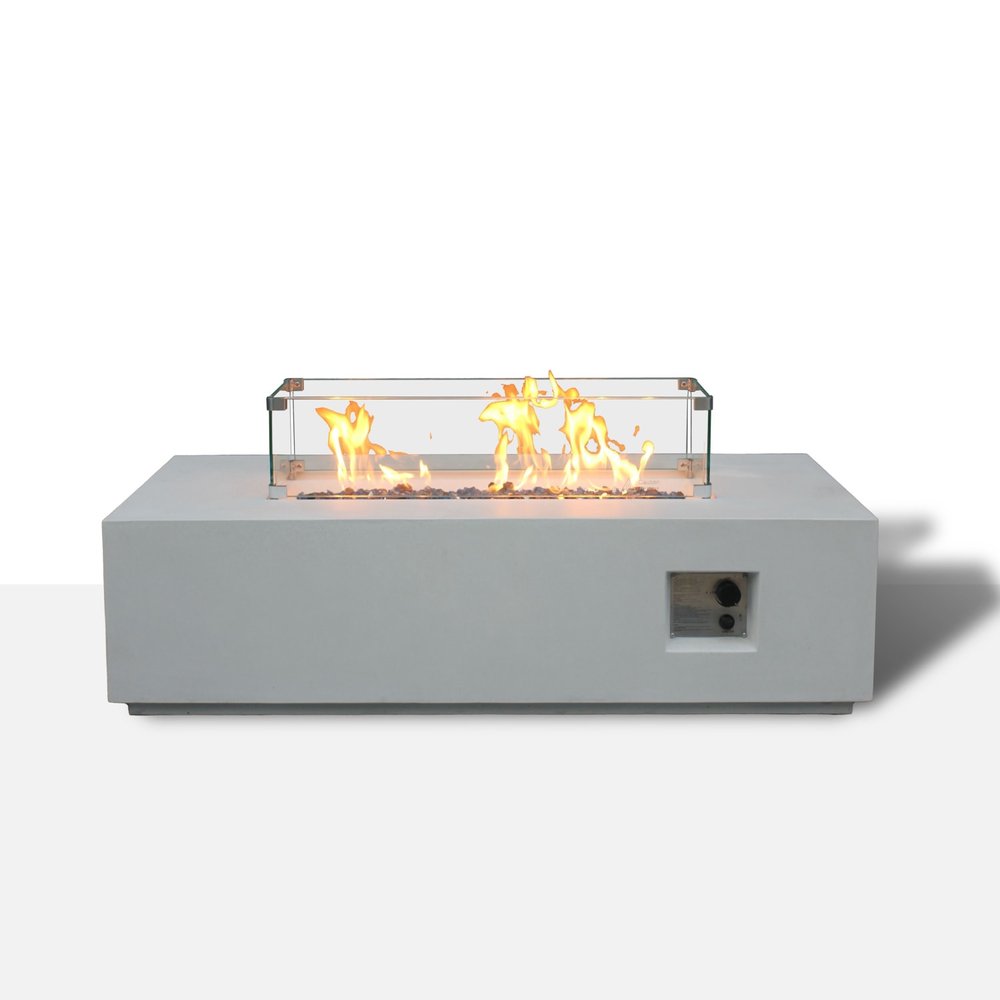 65000 BTU 52" Antiqued White Concrete Propane Rectangular Fire Pit Table With Cover