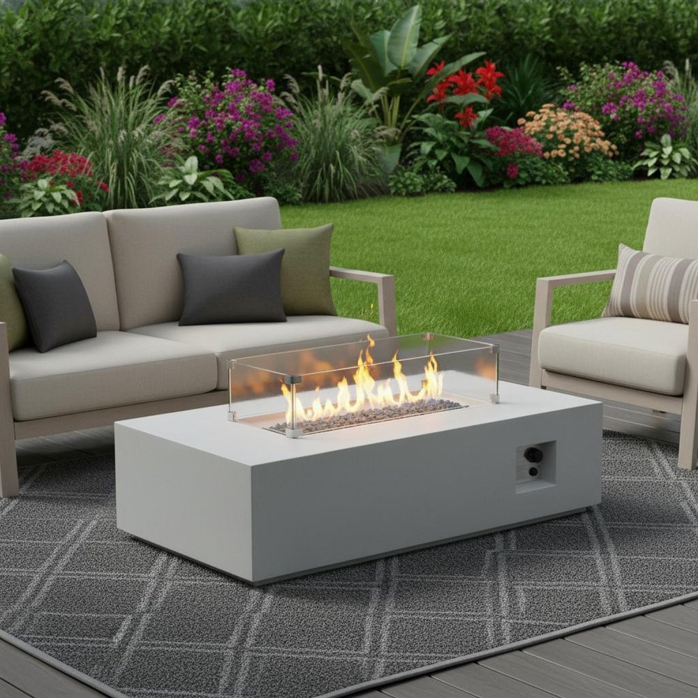 65000 BTU 52" Antiqued White Concrete Propane Rectangular Fire Pit Table With Cover