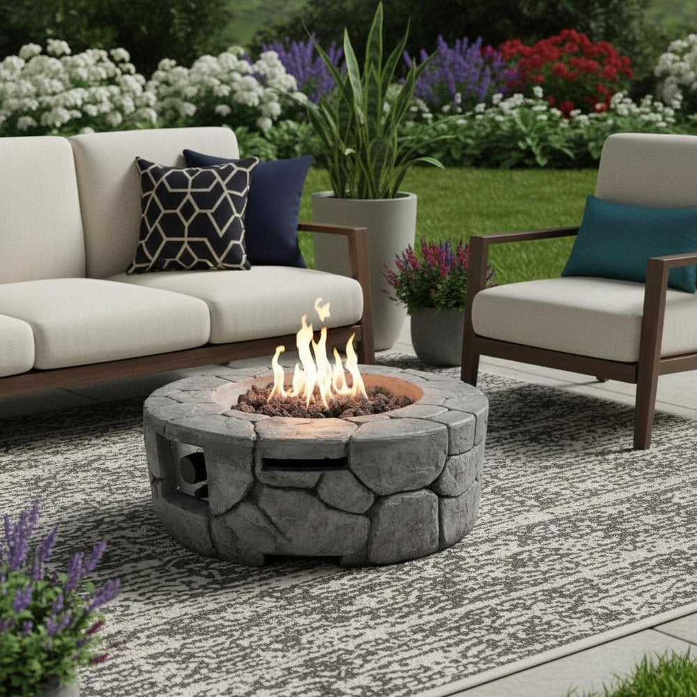 40000 BTU 28" Gray Steel Propane Round Fire Pit With Cover