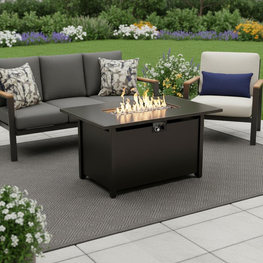 40000 BTU 42" Black Steel Propane Rectangular Fire Pit Table With Cover