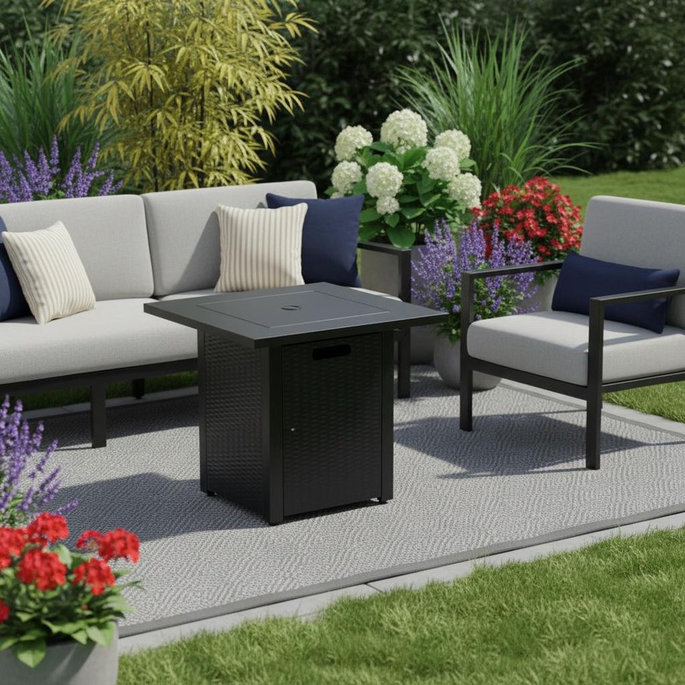 50000 BTU 28" Black Steel Propane Square Fire Pit With Cover