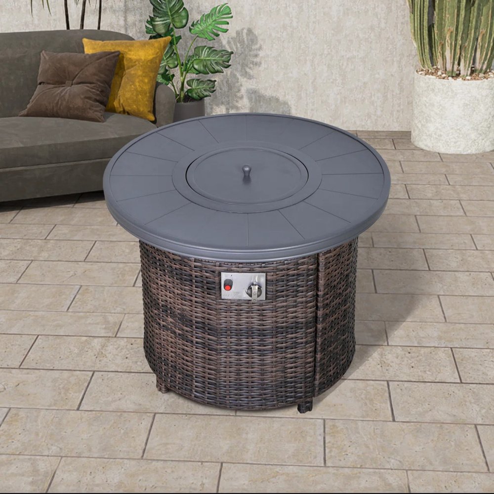 50000 BTU 32" Espresso Aluminum And Wicker Propane Round Fire Pit Table With Cover
