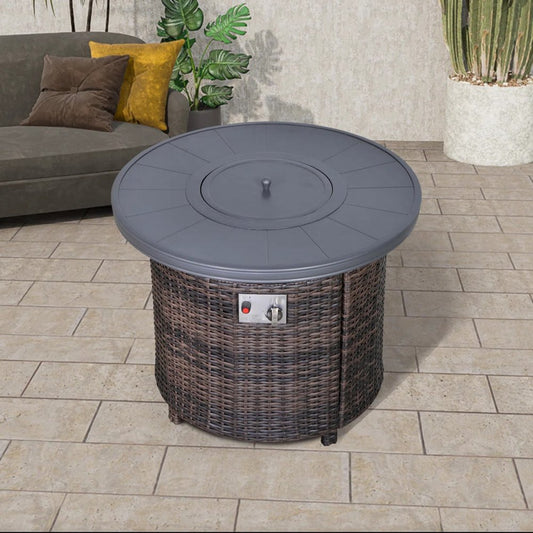 50000 BTU 32" Espresso Aluminum And Wicker Propane Round Fire Pit With Cover