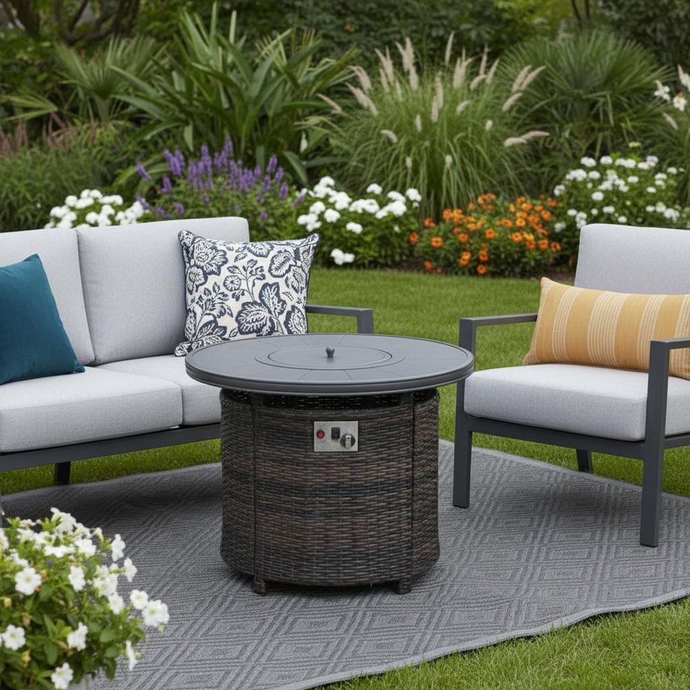 50000 BTU 32" Espresso Aluminum And Wicker Propane Round Fire Pit Table With Cover