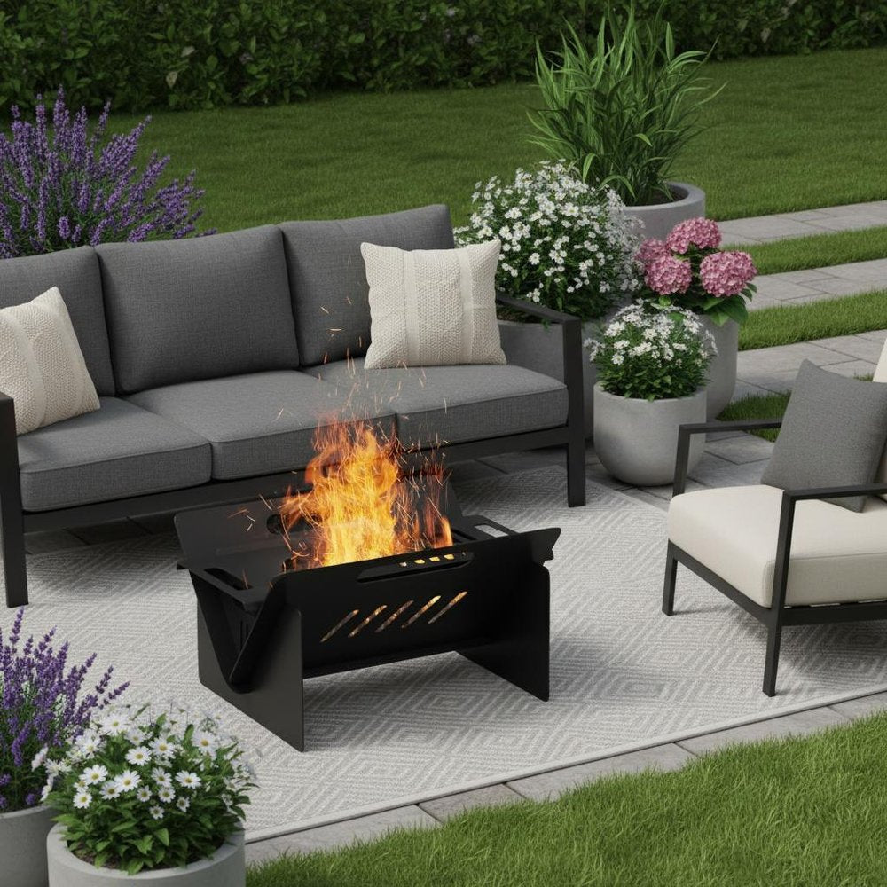 50000 BTU 16" Black Steel Wood Burning Rectangular Fire Pit With Cover